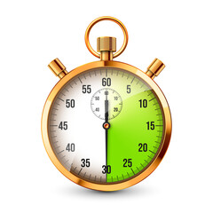 Realistic classic stopwatch. Shiny golden metal chronometer, time counter with dial. Green countdown timer showing minutes and seconds. Time measurement for sport, start, finish. Vector illustration