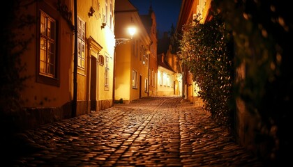 Naklejka premium Cobblestone alley at night