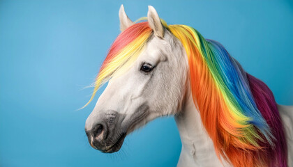 A beautiful black and white horse with rainbow colored hair on a light blue studio wallpaper background 