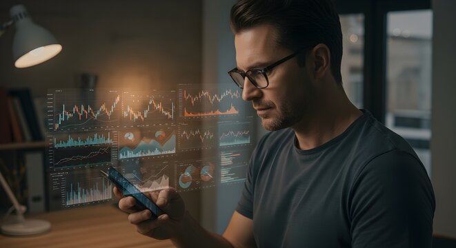 Man analyzing stock investment on his phone with charts and data visuals - Powered by Adobe