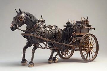 Fototapeta premium Intricate steampunk horse-drawn carriage showcasing unique mechanical design and vintage aesthetics in a dimly lit environment