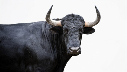 Naklejka premium Big black bull on a white studio wallpaper background
