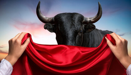 Red cloth with a great black bull on an arena in the background