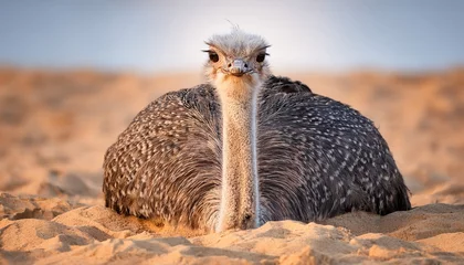 Fototapeten Cute little ostrich bird in a sandy landscape nature scenery background © mariavu