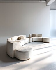 Modern curved sofa in a minimalist interior with soft lighting and shadows creating a serene atmosphere