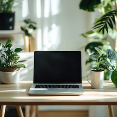 Minimalist Desk with Laptop, Coffee Mug, and Green Plants in Bright Daylight

