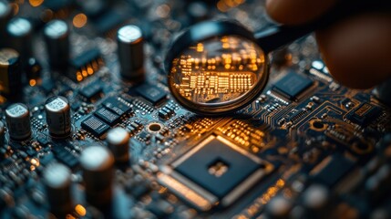 Fototapeta premium Close-up view of a circuit board being inspected with a magnifying glass, highlighting the intricate details and complexity of modern electronics.