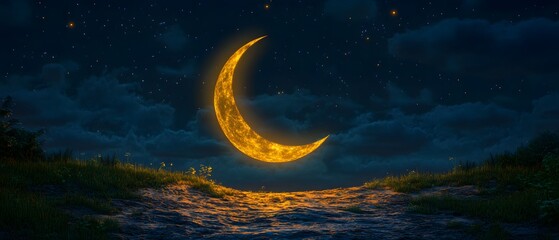 Fototapeta premium Crescent moon shines over a desert.