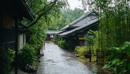 Obraz premium Rain-soaked alleyway, traditional Japanese houses