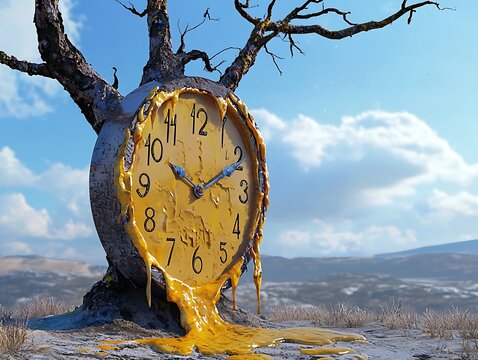 Melting Clock Attached to Tree Trunk Surreal Time Concept