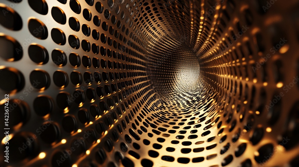 Poster abstract golden metallic honeycomb pattern forming a tunnel with light at the end