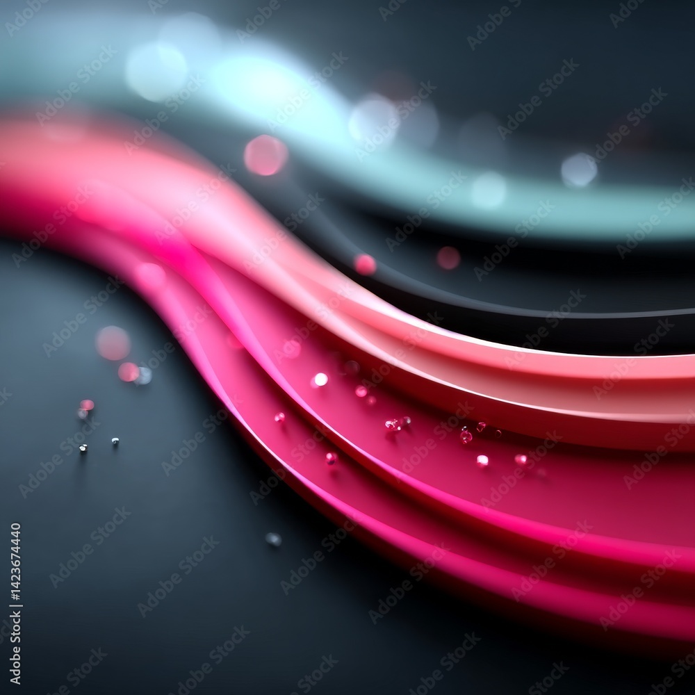 Poster abstract pink wave with bokeh and shiny beads on dark background - elegant, modern art