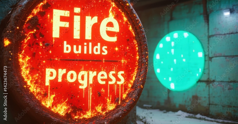 Poster Round sign displays fiery text, Fire builds Progress. Teal light glows behind, creating contrast. Tunnel setting visible.