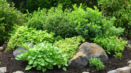 Lush green plants and rocks in garden bed.
