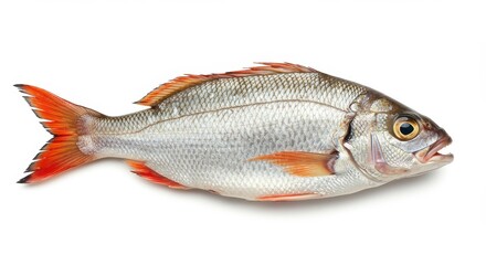 Whole, uncooked fish with sleek silver-gray scales reflecting light, vibrant orange-red fins, and a slightly