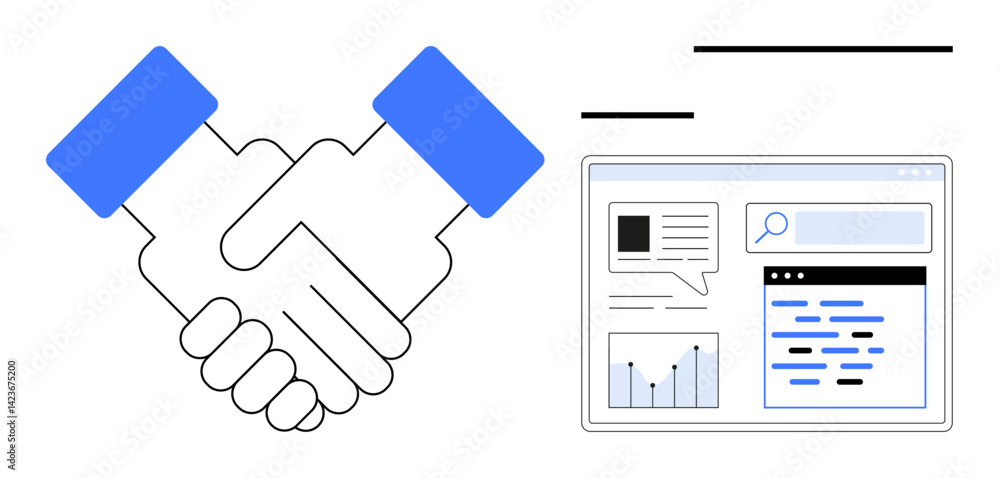 Aufkleber handshake symbolizing teamwork beside dashboard with graphs, search bar, and data visuals. ideal for