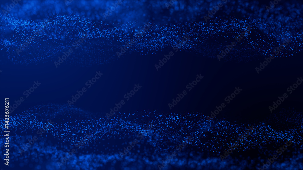 Poster Digital particle wave and light abstract background concept. Dot on blue background. 3D rendering