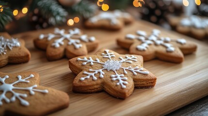 Festive gingerbread cookies decorated with snowflakes.