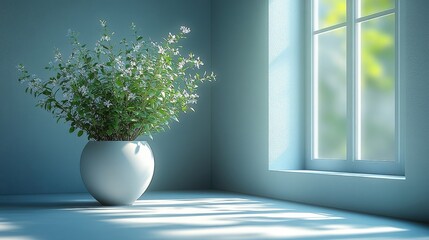 White Vase with Blossoming Green Plant Beside Window in Room Interior