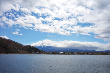 Mount Fuji and Lake Kawaguchi under blue sky and white clouds