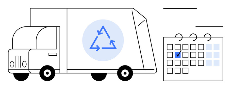 Recycling truck with eco symbol near calendar with marked date emphasizes waste management, sustainability, and time management. Ideal for environment, scheduling, eco living, waste reduction, green