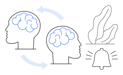 Two human heads with brain outlines connected by arrows, a plant, and a notification bell with lines. Ideal for communication, neuroscience, education, mindfulness, teamwork, alerts simple landing