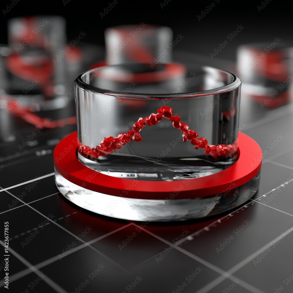 Poster data visualization: red crystal graph in glass on grid, abstract business presentation
