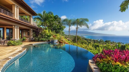 Obraz premium A luxurious tropical house with a stunning ocean view and pool.