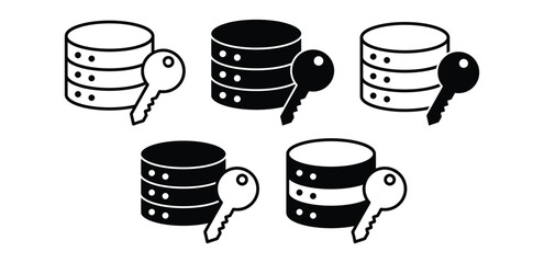 Database Encryption Icons with Keys Black and White Color Vector Design