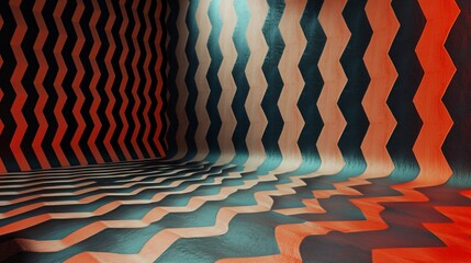 Red and blue chevron pattern creating wavy room illusion