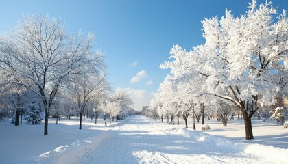 Fototapeta premium Snowy park lane under bright sky