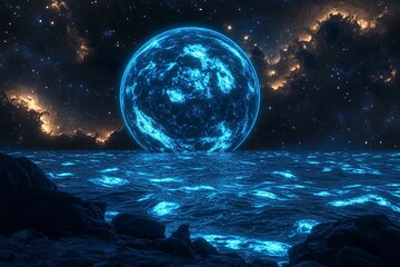 Vivid ocean waves illuminated by a bright azure celestial body at night