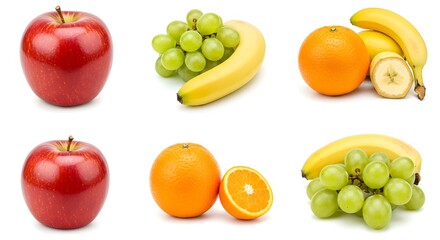 A fresh and juicy set of red apples, sweet grapes, and yellow bananas, isolated on white