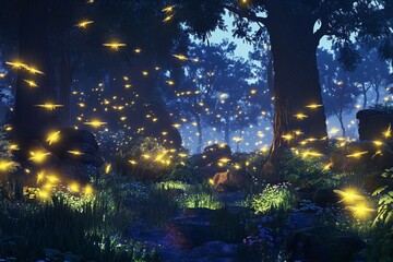 Naklejka premium Magical nighttime forest illuminated by glowing fireflies dancing amidst trees and flowers