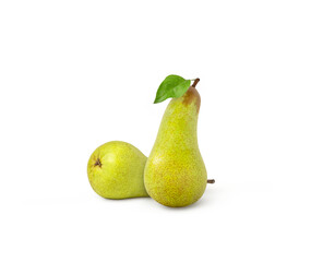 Two green pears isolated. Juicy pear with leaf isolated