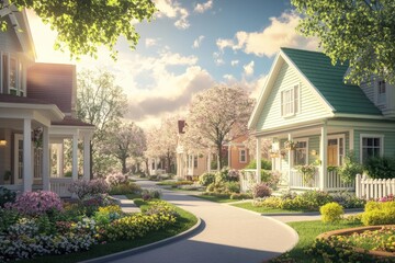 Idyllic suburban street lined with charming houses, blooming trees, and colorful gardens bathed in warm sunlight.