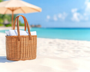 Beach picnic basket with towels on white sand