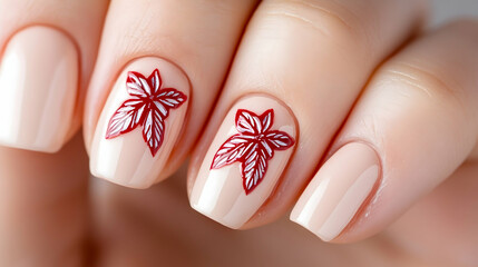 Close-up of elegantly manicured nails featuring a nude base and autumn leaf design