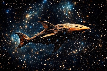 Fototapeta premium Futuristic spaceship shaped like a fish gliding through a star-filled cosmos
