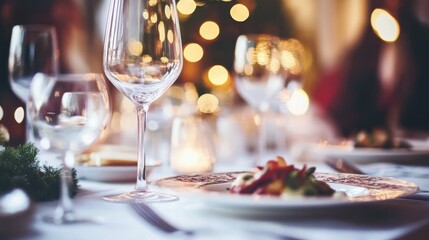 A table setting with wine glasses, plates, and a centerpiece.