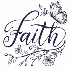 Faith Floral Butterfly Calligraphy Art - Elegant Dark Blue Design.