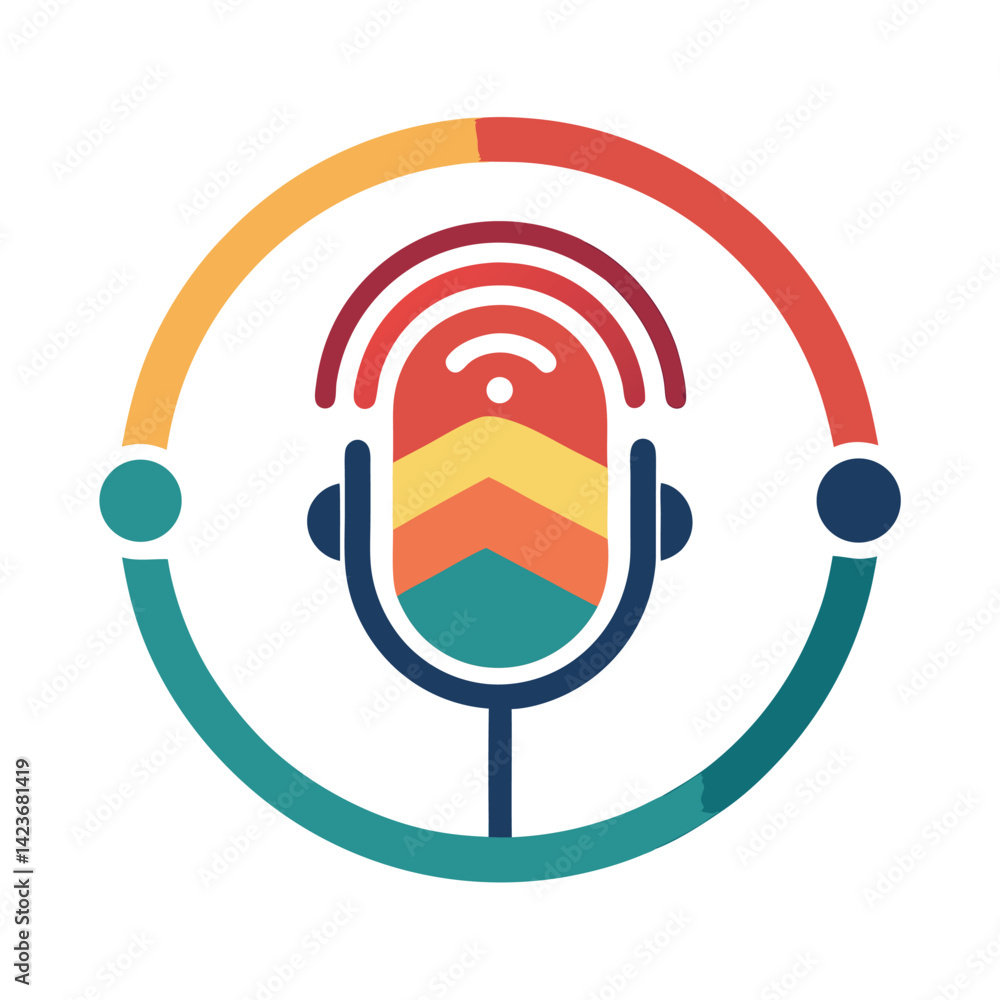 Poster vocal minimalist logo showcasing a modern podcast network design with sound wave elements and vibran