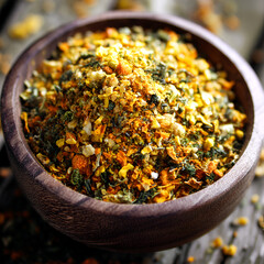 Aromatic Herbal Blend Vibrant Spices and Herbs in Wooden Bowl