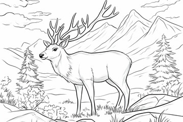 Majestic deer with large antlers stands in mountainous landscape