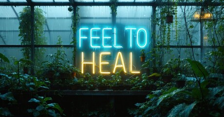 Obraz premium Chunky neon feel to heal in sky blue and gold softly glowing inside fogged up greenhouse filled with overgrown vines and glass condensation