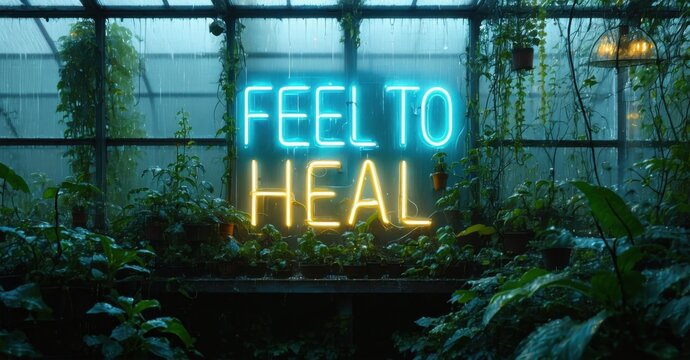 Naklejki Chunky neon feel to heal in sky blue and gold softly glowing inside fogged up greenhouse filled with overgrown vines and glass condensation