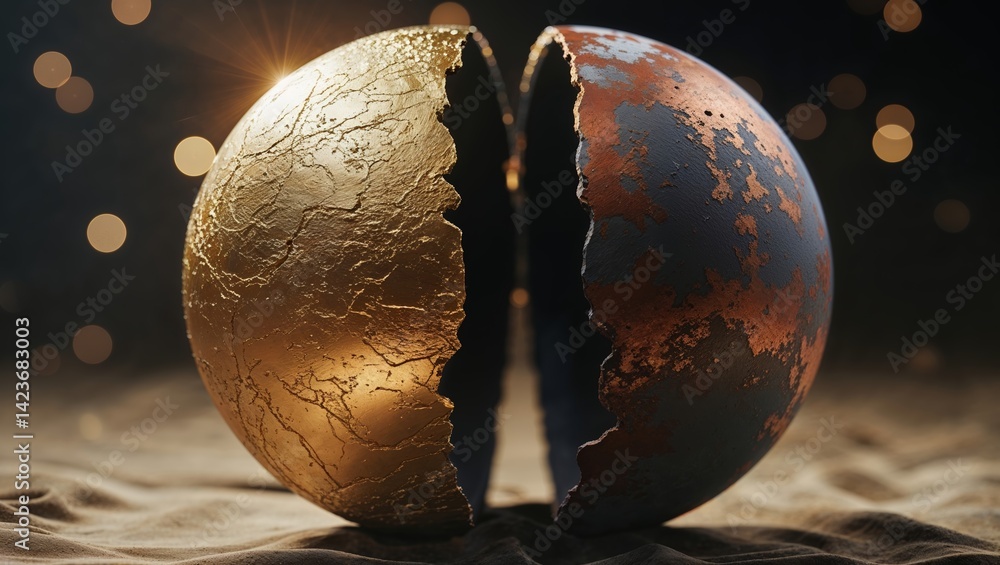 Poster unique cracked sphere with golden and rusty surface displaying intricate textures in a softly lit en