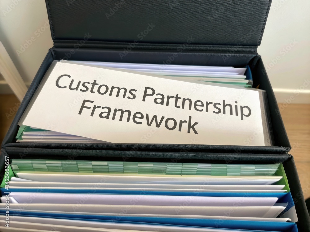 Poster customs and partnerships strengthen trade agreements concept. documents related to a customs partner