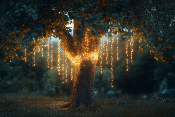 Fototapeta premium Magical glowing tree with hanging lights in a serene nighttime landscape