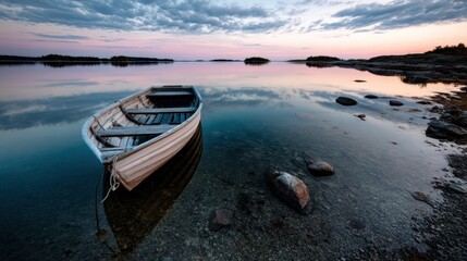 a small wooden rowboat gently floating on a calm, glassy lake at sunrise
